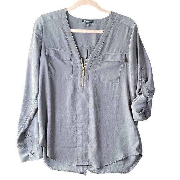 Express Womens Blouse Gray Zipper V Neck Roll Tab Sleeve Flowy Small - Picture 1 of 14